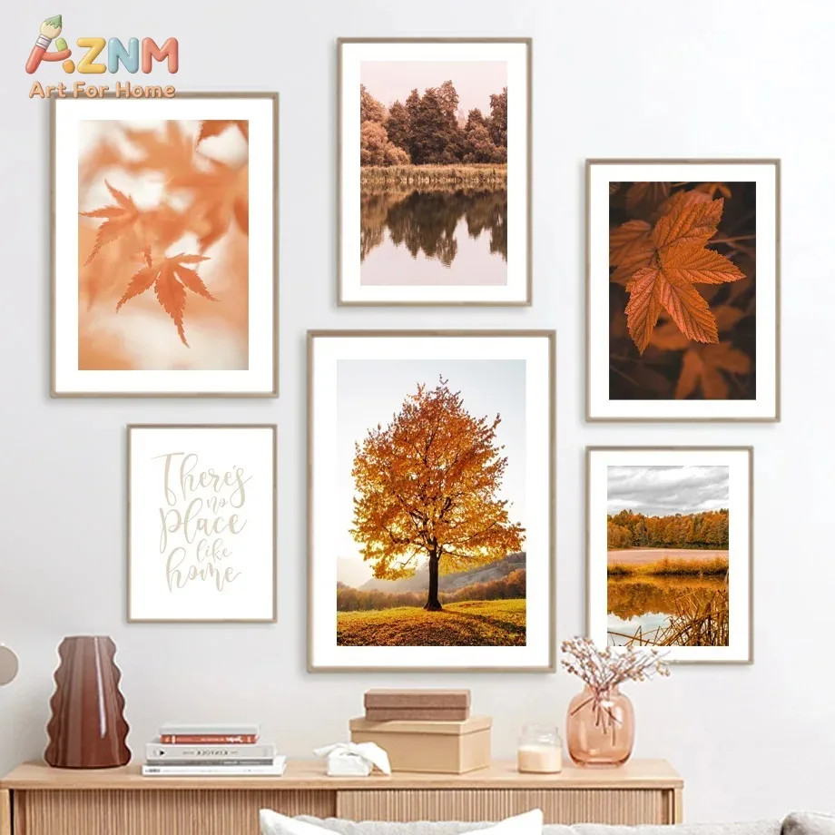 AZNM Autumn Golden Tree Maple Leaf Lake Scenery Home Quote Canvas Painting Nordic Frameless Wall Art Poster For Bedroom Living R