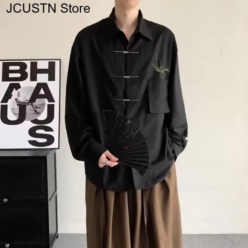 Fashion Chinese Elements Design Shirt Male Long Sleeve Tang Clothes Loose Fit Draped Metal Buckle Blouse Satin Chinese Jacket