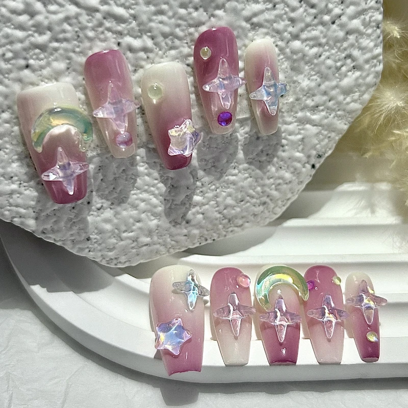 10 częściowe słodkie I urocze naciśnij na paznokcie ręcznie robione różowe gradientowe różowe marzenie gwiazdy księżyc fałszywe naszywki na paznokcie zdejmowane