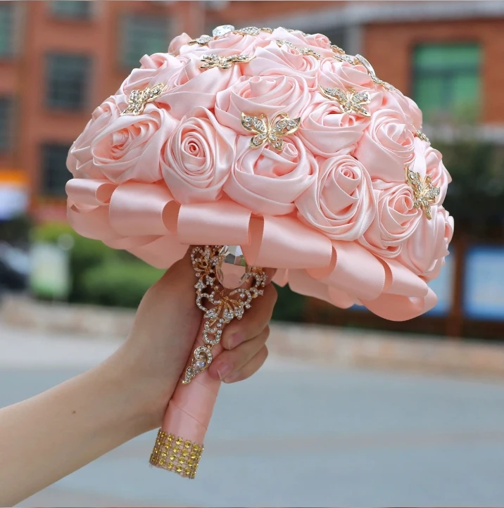 Pink Wedding Bouquets with Gold Crystal Jewelry