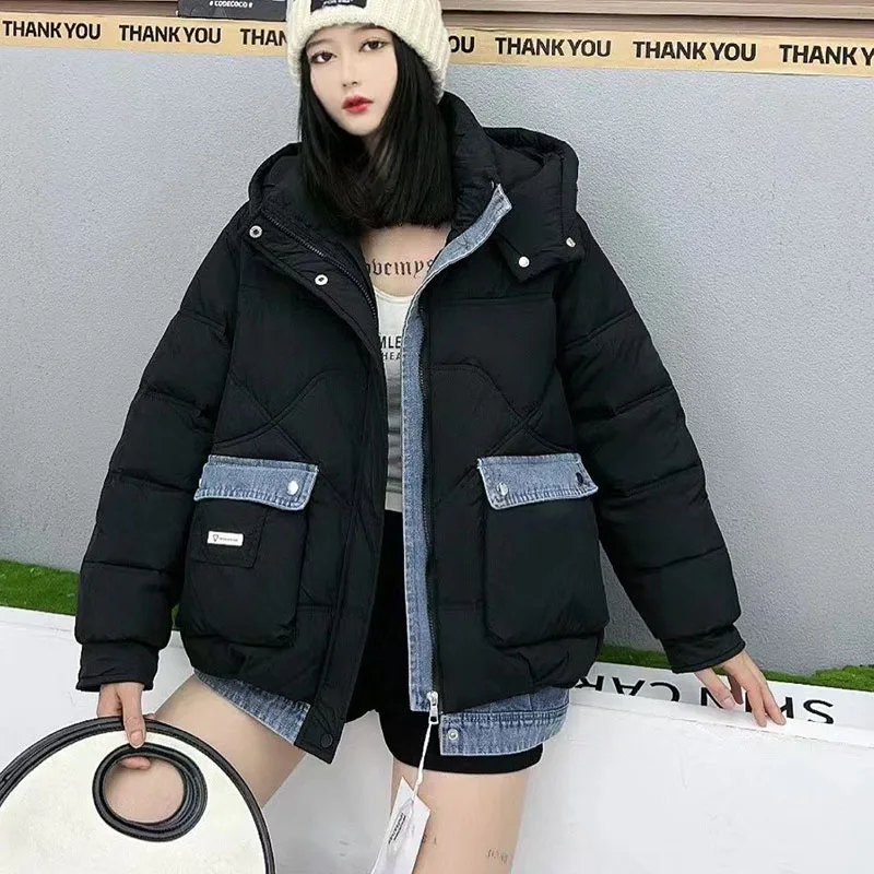 Jaket Denim wanita, jaket Denim Splicing Down musim gugur musim dingin, jaket hangat 90%, mantel putih bebek wanita, pakaian luar, Parker bertudung dingin