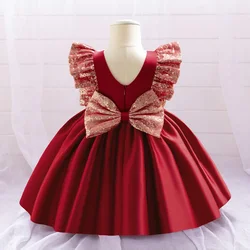 Toddler Big Bow Sequin Baby Girl Dress Christmas Costumes 1st Birthday Princess Girl Party Dresses Flying Sleeve Bridemaids Gown