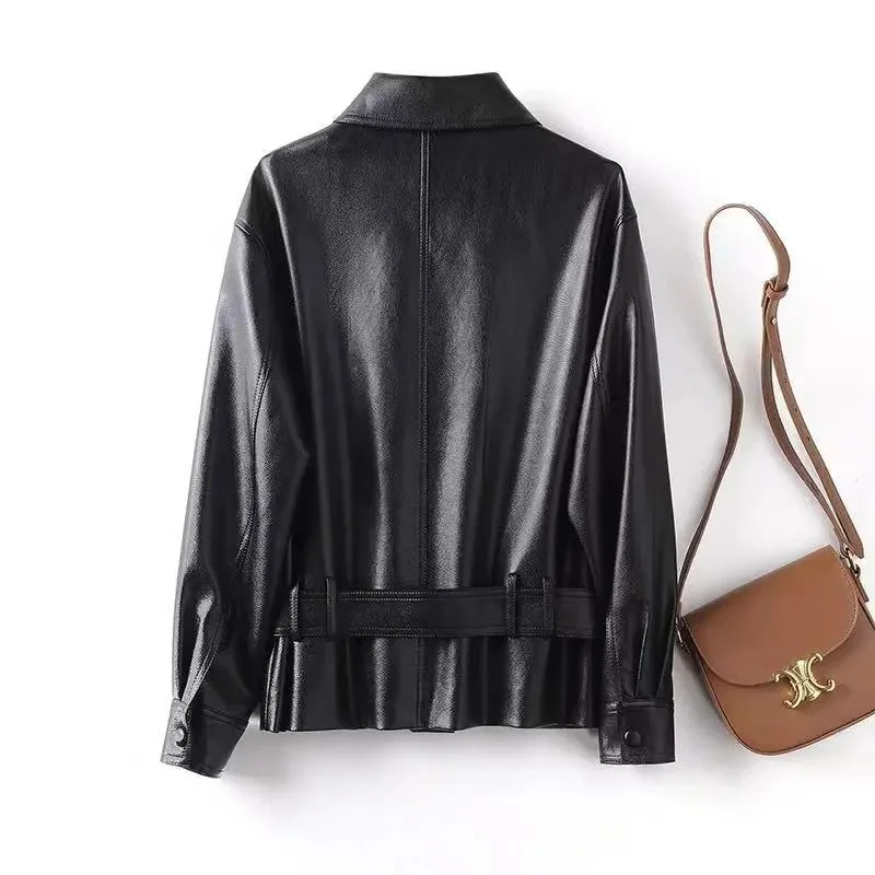 2025 أنثى قصيرة فو سترة جلدية الخريف الشتاء السيدات موضة بولي Leather الجلود أبلى الكورية المرأة طويلة الأكمام معطف جلد