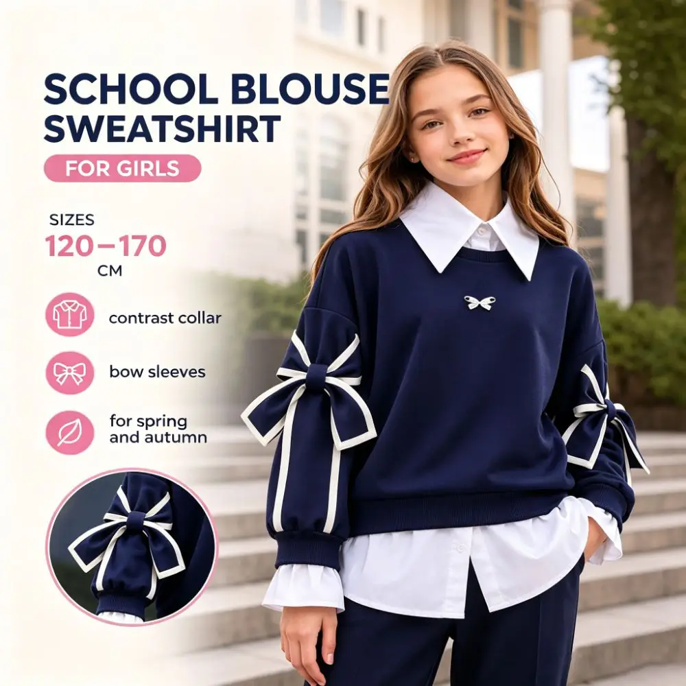 Faux Two Piece Girls Sweatshirt Layered Hem Bow Sleeve Accents Faux Layered Sweatshirt Navy Preppy Style Girls Casual Top