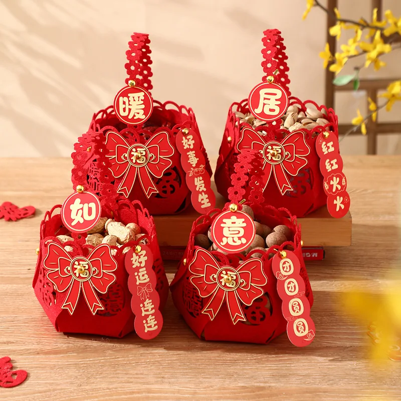 

4Pcs Cloth Chinese Wedding Candy Bag Big Red Handle Joy Housewarming Handle Basket Wrapping Party Wedding Candy Gift Boxs