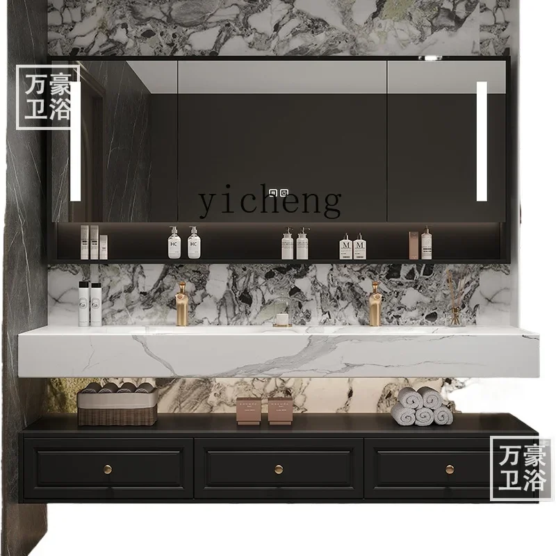 ZK French retro rock slab seamless integrated double basin bathroom cabinet combination