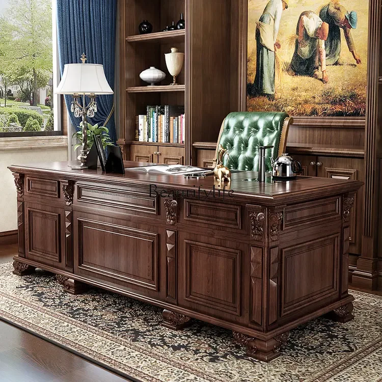 

08 American-style old walnut desk European-style villa hotel high-end class desk