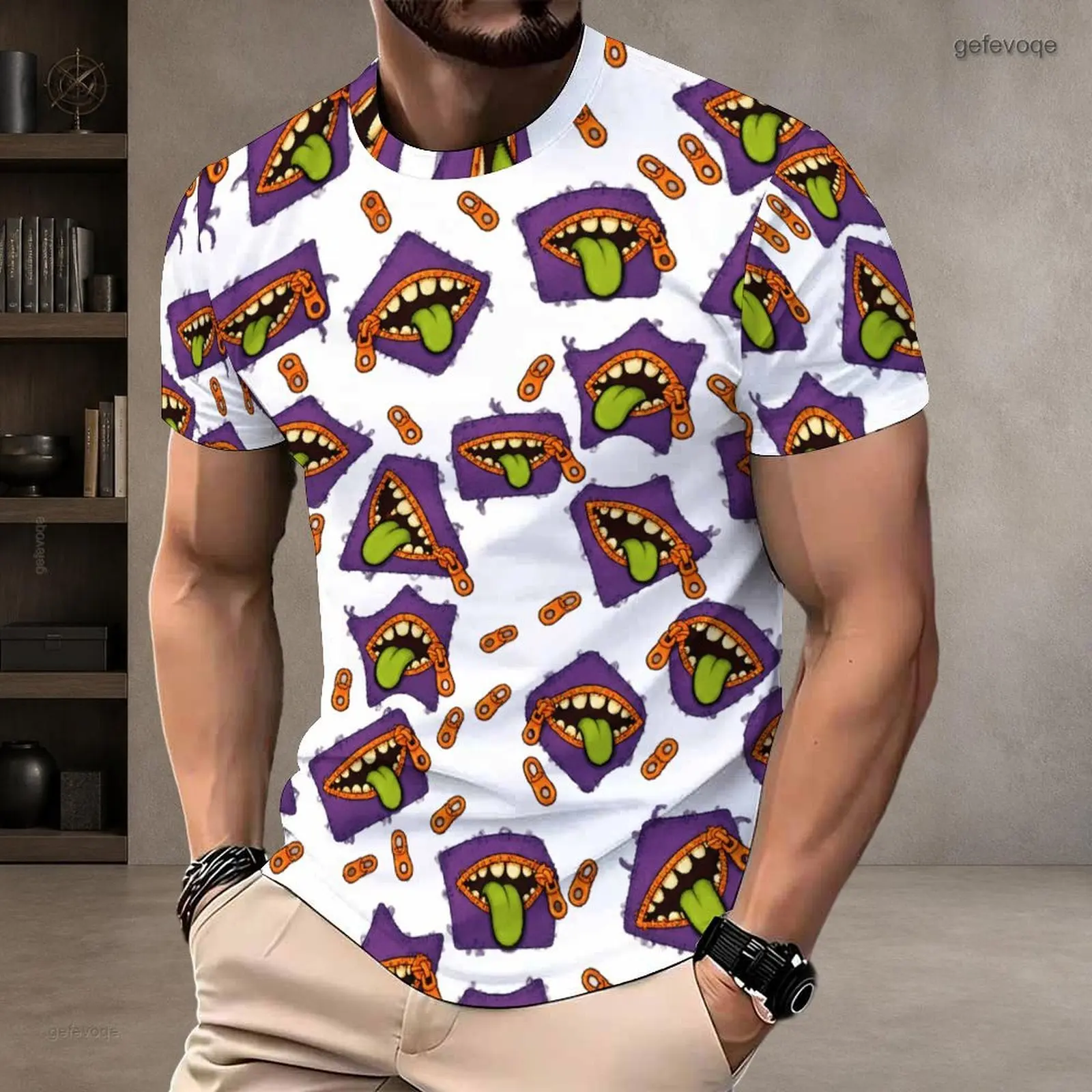 Men Round Neck Short Sleeve T-Shirt, All Over Printed Cute Cartoon Voodoo Doll, Lightning and Star Pattern