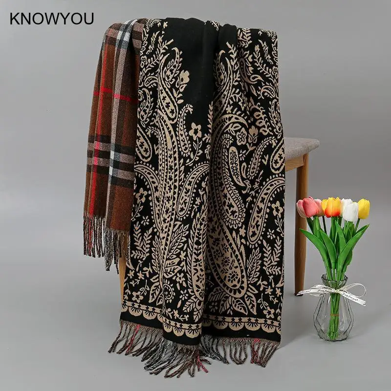 Luxury New Plaid Pashmina Muslim Imitation Cashmere Shawl Wraps Women Big Size Hijab Scarves Print Bufandas De Invierno Mujer