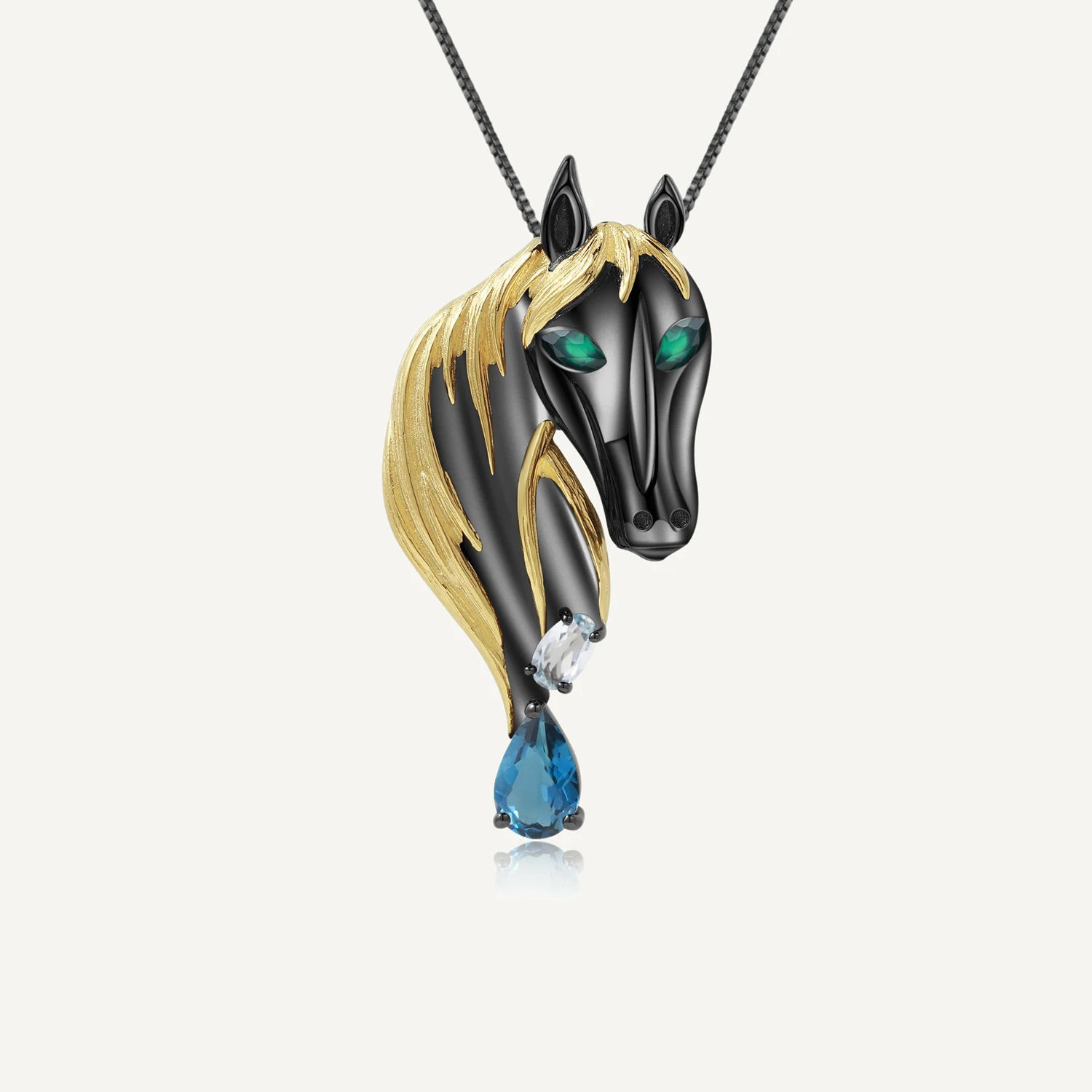 

GEM'S BALLET Natural London Blue Topaz Gemstone Zodiac Jewelry 925 Sterling Silver Personality Horse Pendant Brooch For Women