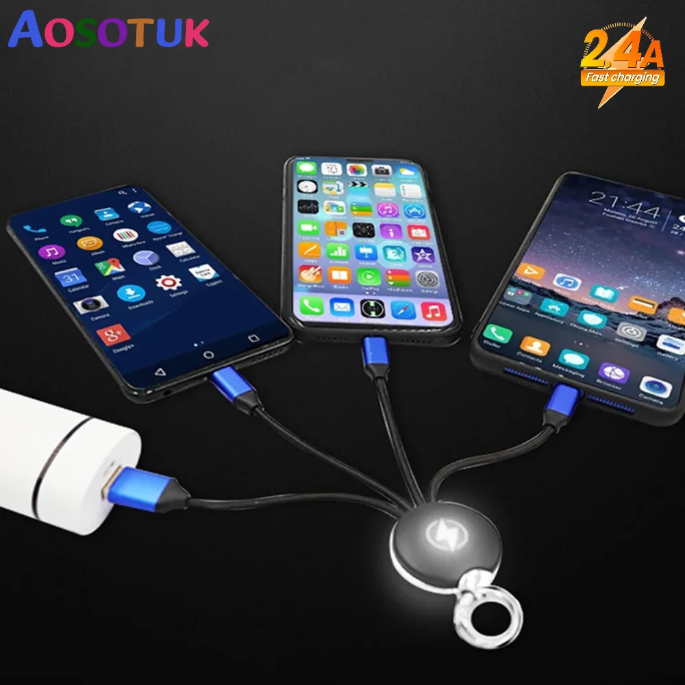 3 in 1 Short LED Keychain USB Charge Cable Micro USB Type C Lighting Cable For iPhone Samsung Huawei Xiaomi Android Phone Cable