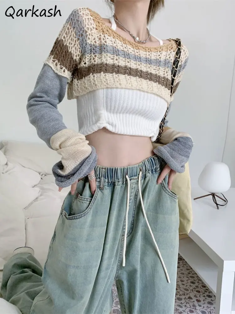 Cropped Panelled Smock Striped Pullovers Y2k Clothes Harajuku Ulzzang Casual Sweaters All-match for Ladies Pull Femme Ropa Mujer