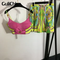 7.25 GuliChic Women High Quality Fashion Print Spliced Metal Button Spaghetti Strap Tank Top And High Waist Pleated Skirt Set