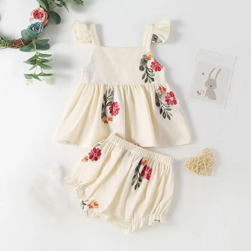 2026 Summer Infant Girls Floral Puff Sleeve Bodysuit Toddler Tee And Shorts 2PCS Sets ﻿Children\'s Outfit Embroidered Baby Sets
