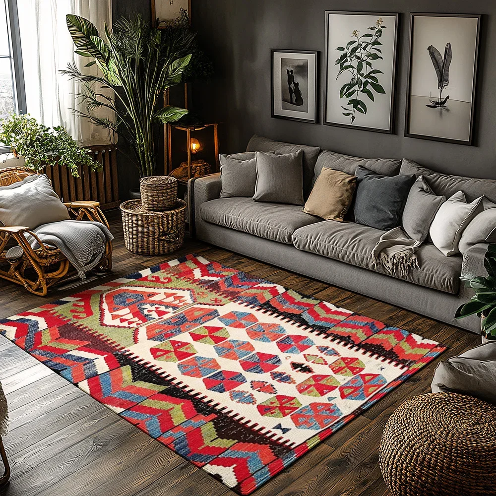 Vintage Persian Area Rug Bohemian Carpet Non-Slip Floor Mat Living Room Decor Home Accent Kilim Pattern Tribal Design Modern Sty