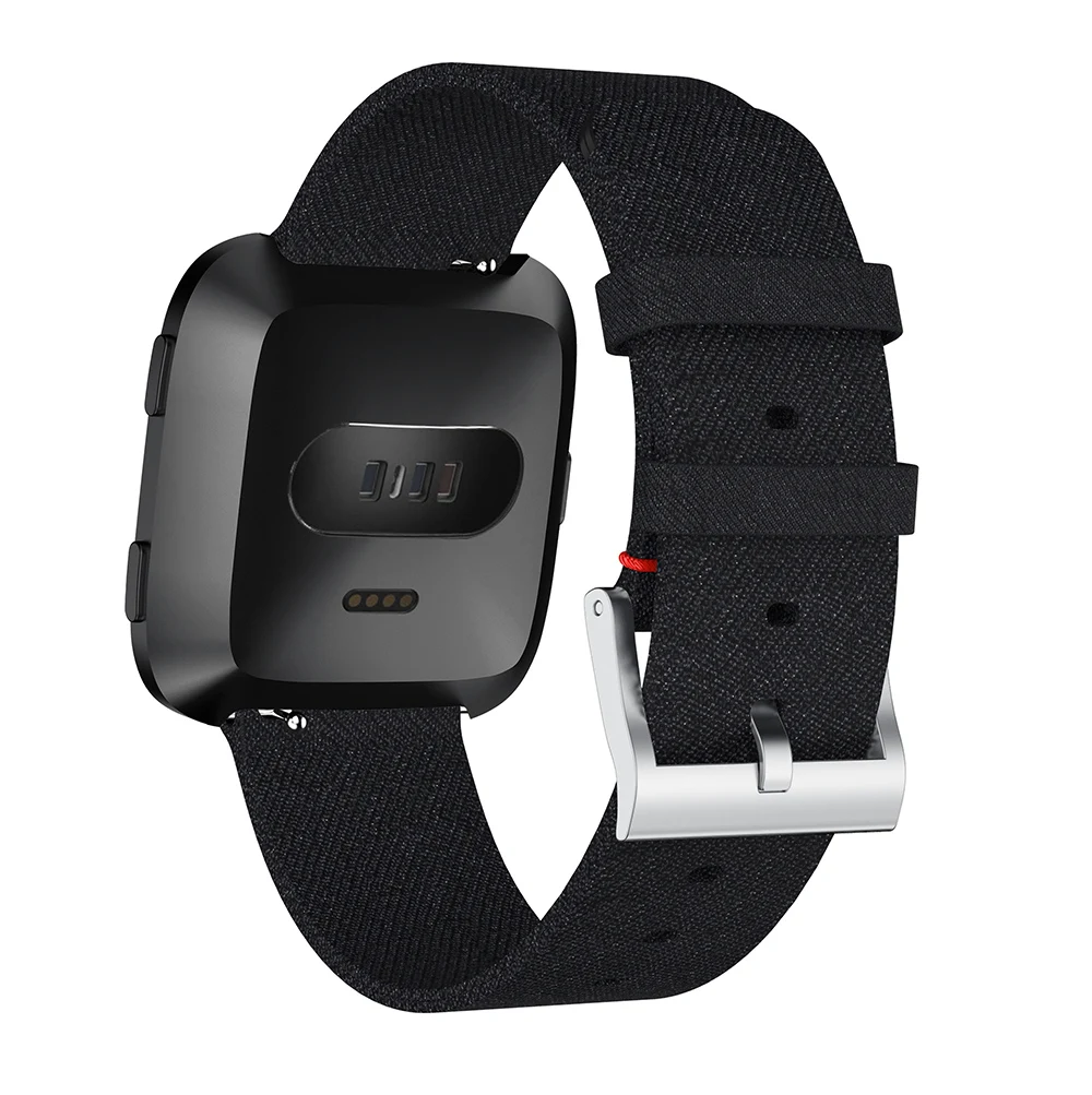 حزام ساعة Fitbit Versa قابل للتعديل بإبزيم كلاسيكي من قماش الجينز مع قضبان زنبركية - أسود