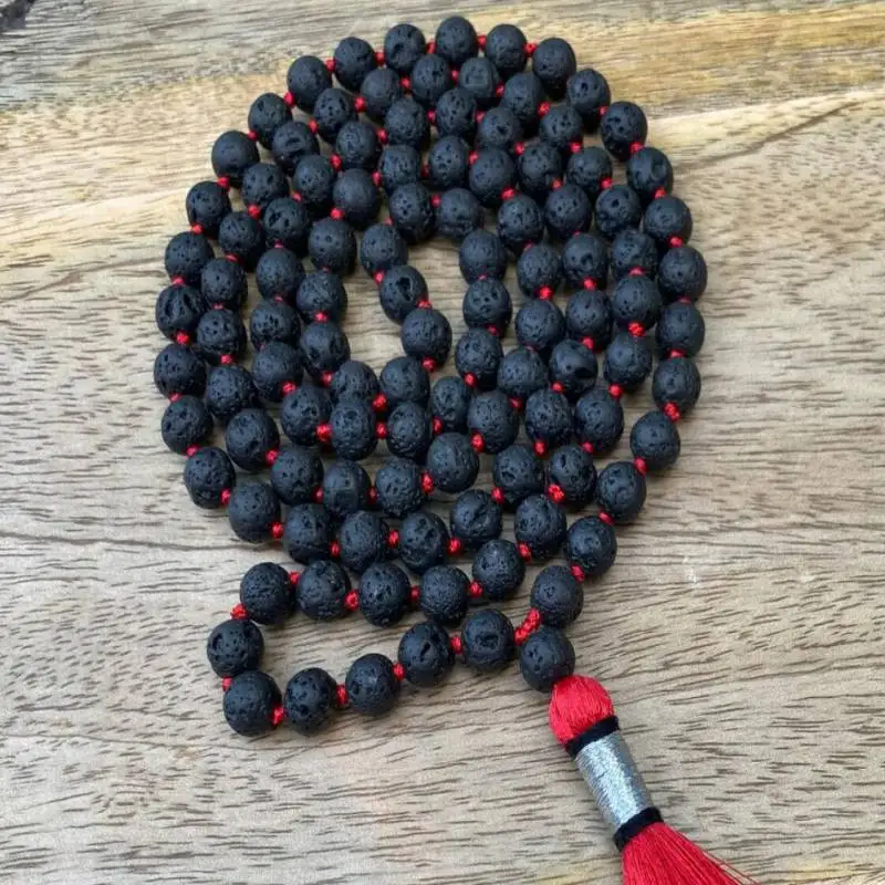 

Natural Lava Rock 108 Mala Beads Necklace with Red Tassel Grounding & Protection Healing Crystal Jewelry