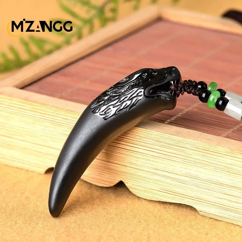 Natural A-goods Jadeite Tiger Tooth Jade Pendant Fashion High-grade Ink Jade Necklace Men and Women Lucky Amulet Holiday Gift