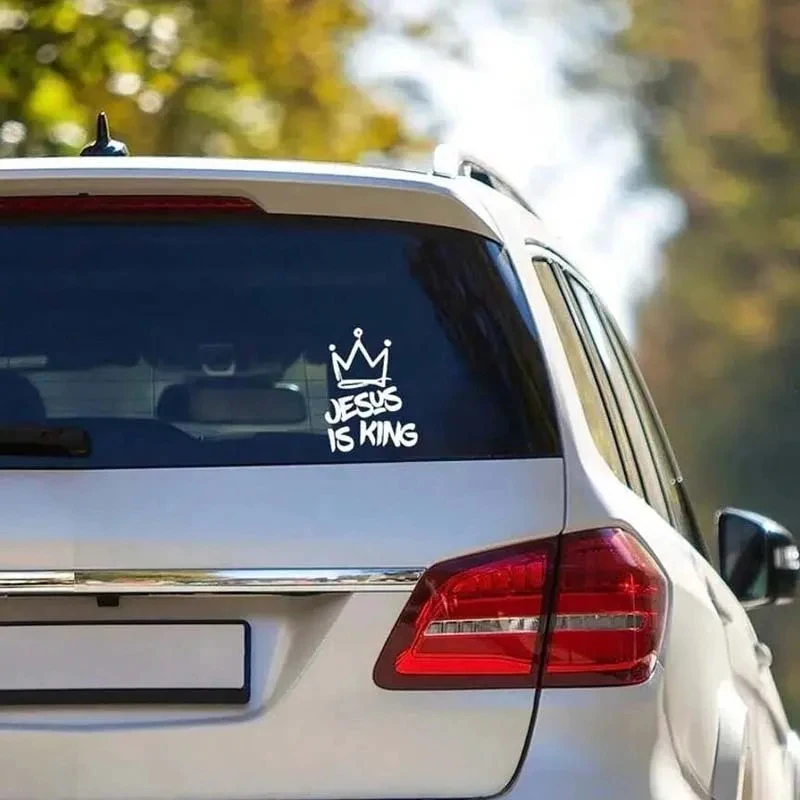 Bumper Car Sticker - Jesus Is The King, With A Crown Design. This Car Sticker Is Water-Resistant And Sun-Proof. It Is Suitable