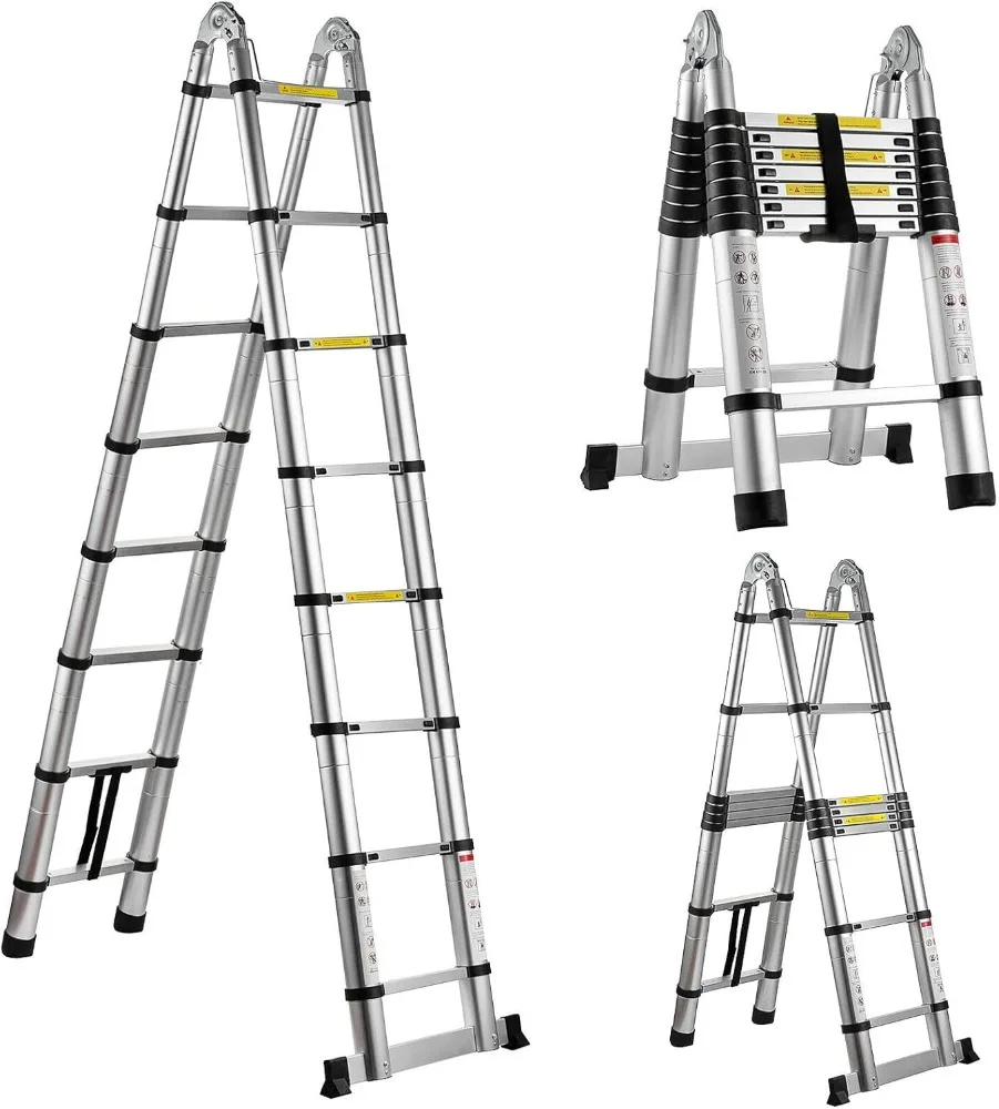 

16.5FT Telescoping Ladder A Frame Aluminum Extension Ladder 8 x 2 Telescopic Step Ladders with Ladder Stabilizer Portable