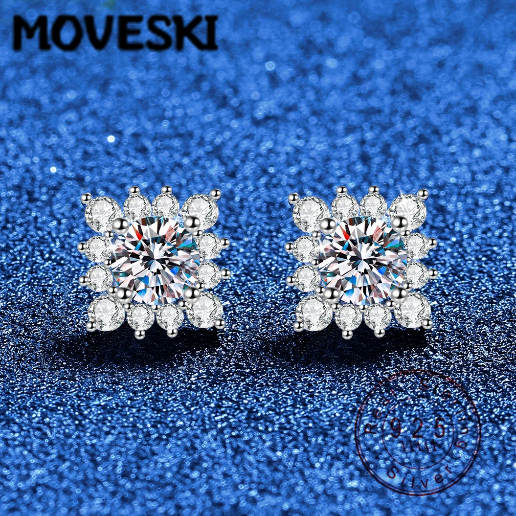 

925 Sterling Silver Moissanite Stud Earrings for Women Snowflake Halo Design Sparkling Fine Jewelry Wedding Party Gift