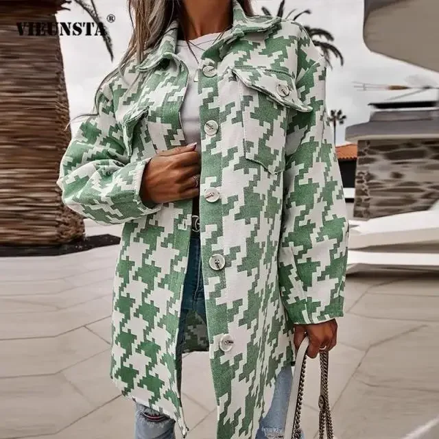 

Women's Clothing Autumn and Winter New Fashion Commuter Loose Long Sleeve Polo Collar Houndstooth Single-breasted Woolen Jacket