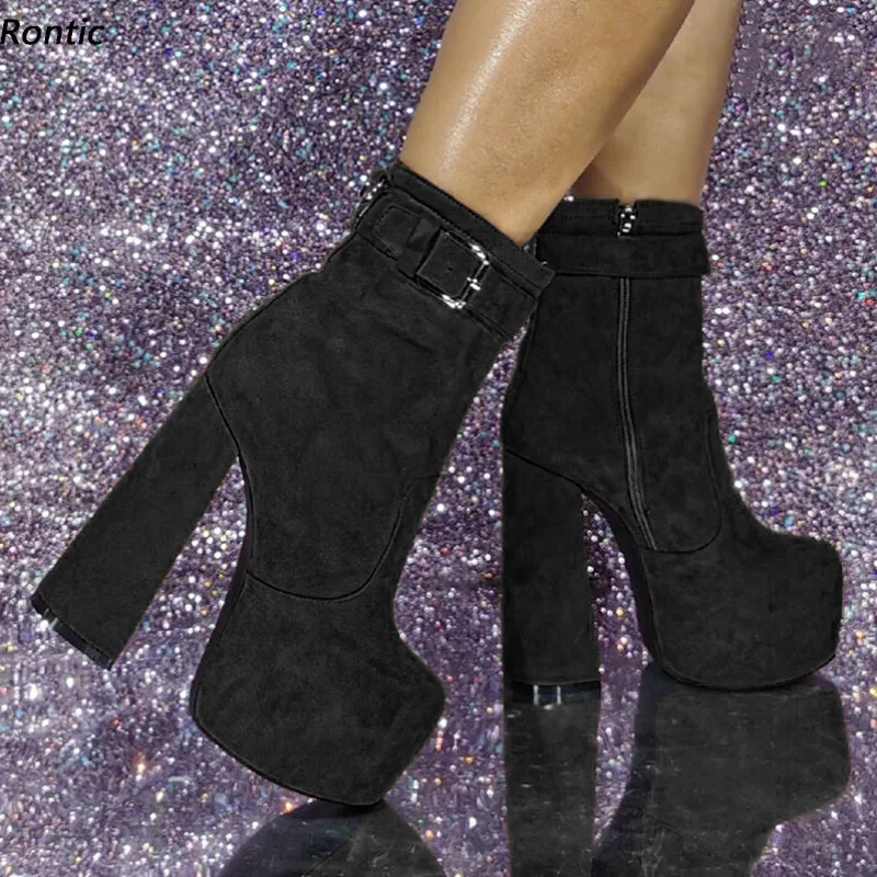 Rontic Handmade Women Winter Ankle Boots Platform Suede Hoof Heels Round Toe Elegant Black Brown Party Shoes US Size 5-20