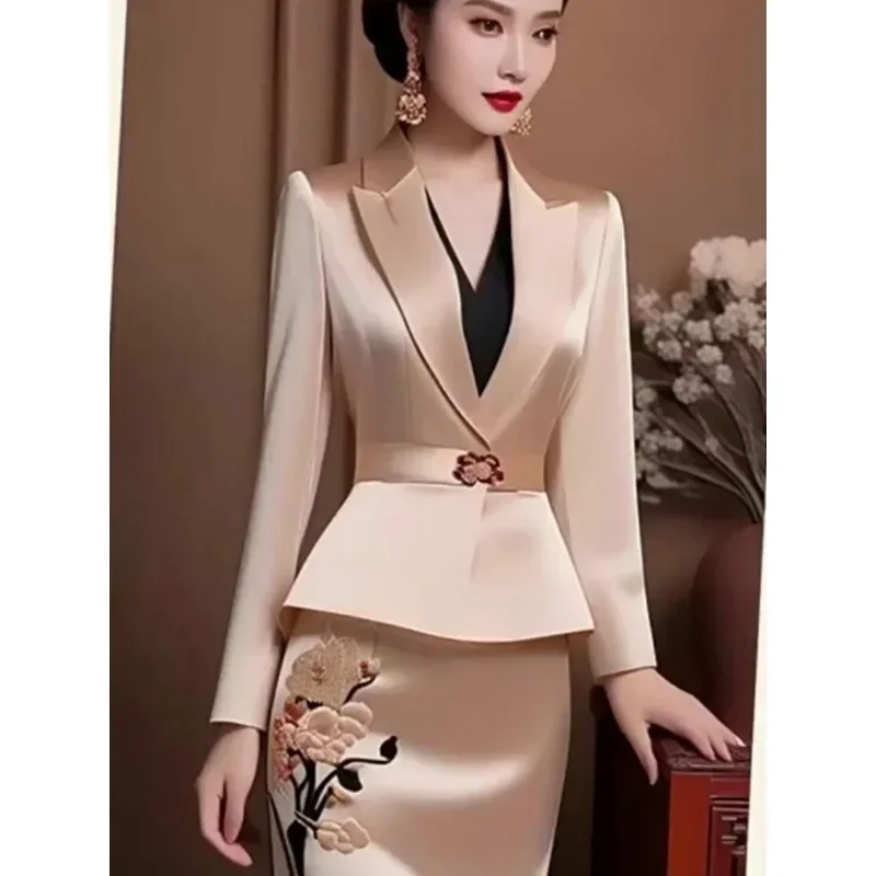 Lnsozkdg Champagne Color 2 Piece Sets Women 2024 Fashion Office Ladies Folds Slim Long Sleeve V Neck Blazers Casual Skirt Suits