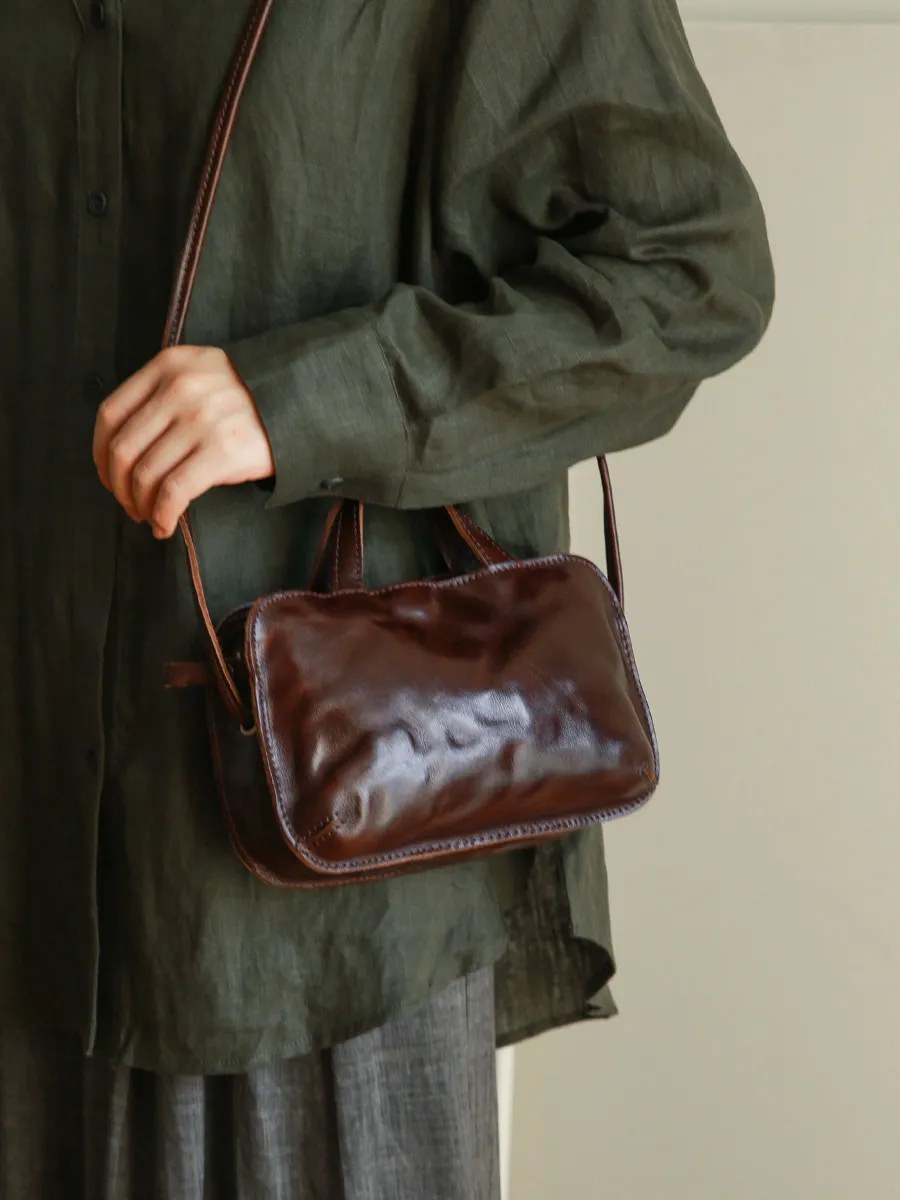 simple vintage handmade first layer cowhide ladies small shoulder bag casual luxury genuine leather women's crossbody bag