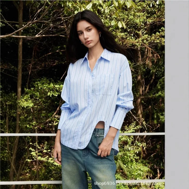 

Новая женская повседневная модная рубашка в полоску Hot Brick с разрезом