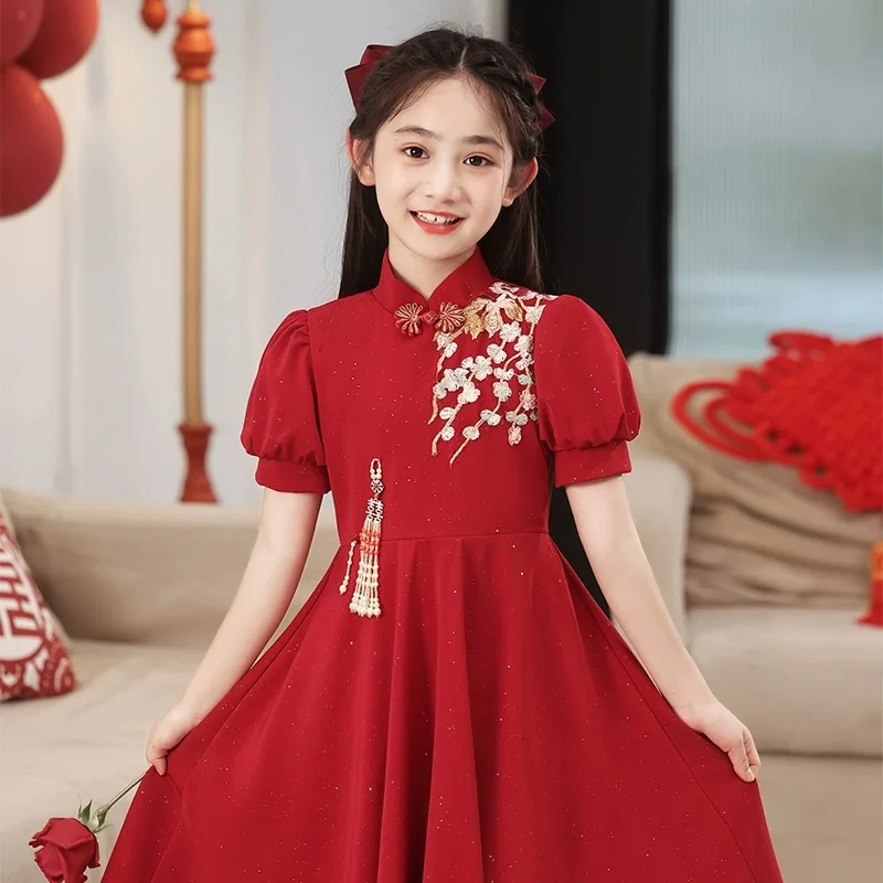 2026 summer Kids Girls solid chinese flower Cheongsam Qipao Princess Teenager New Year Dress Clothing 4 7 8 9 10 12 14 Years
