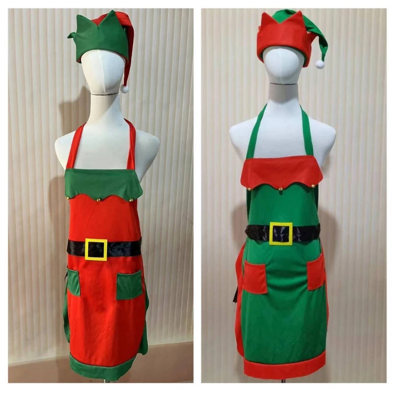 Adults Teenagers 2Pcs Christmas Festival Elf Apron and Santa Hat Set Party Cosplay Costumes Props Holiday Waitress Uniform