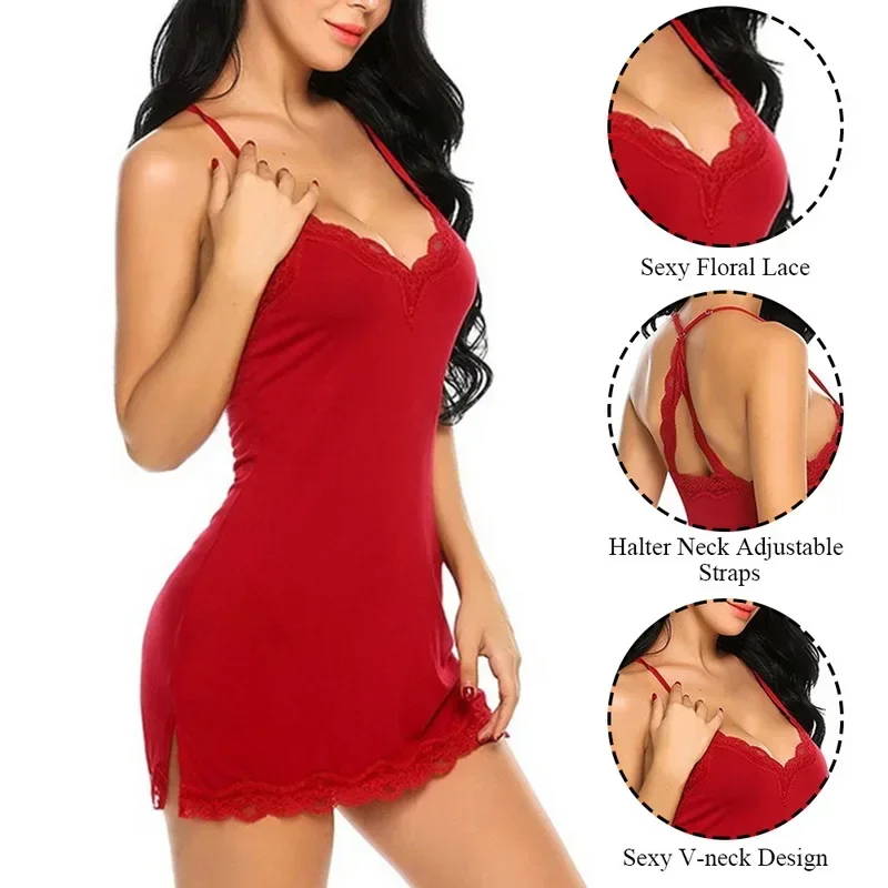 Sexy Mini Dress Fashion Lingerie Ladies Sleepwear Women Satin Nighties See Through Nightwear Lace Nightgowns Silk Pajamas