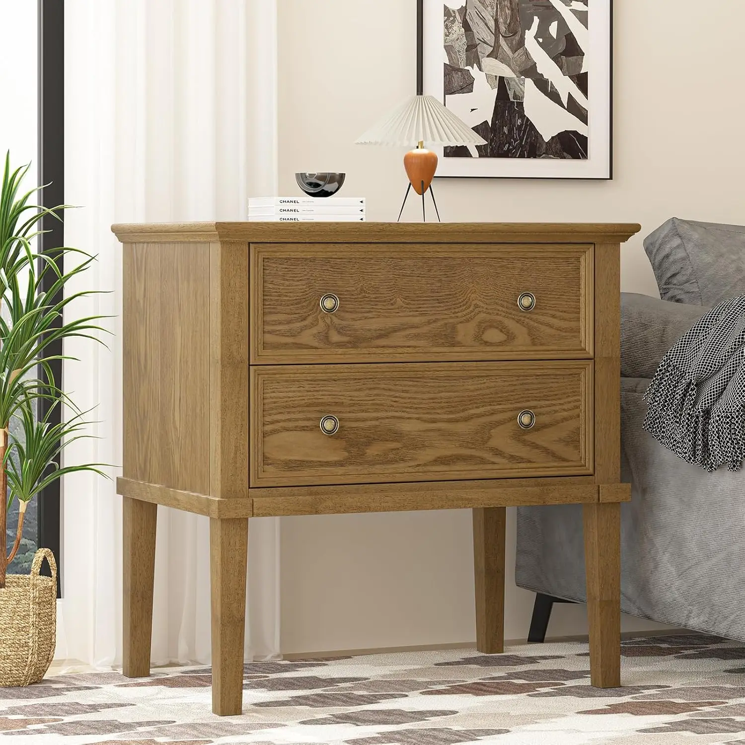 

Solid Wood Nightstand with 2 Drawers, 24“ Wide Wooden Bed Side Table, Tall Wooden Night Stand, End Table with 2, Customized
