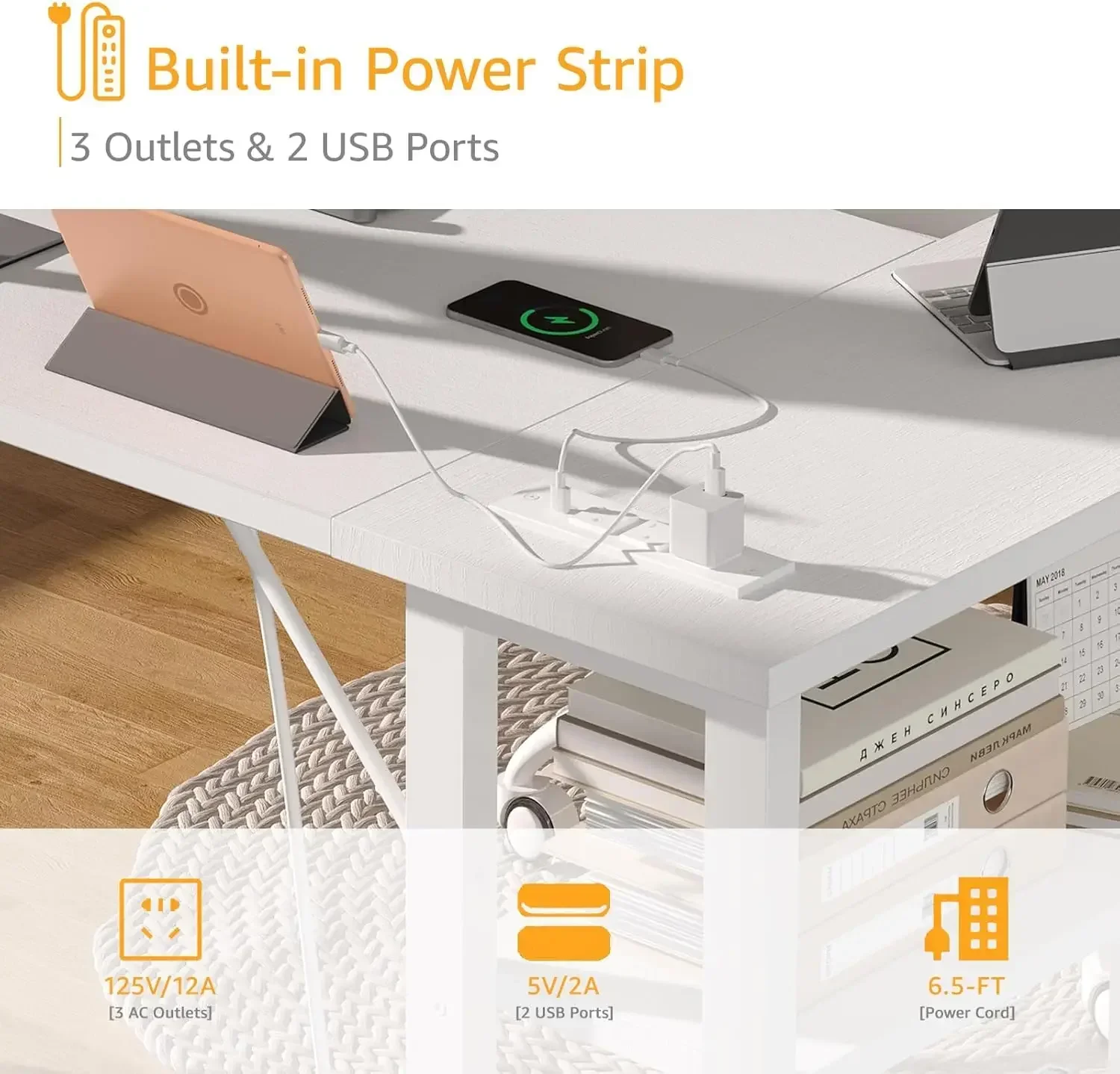 White L Shaped Computer Desk with Power Outlet Shelves, 40 Inch Small Corner Desk for Small Space Home Office, Study Work