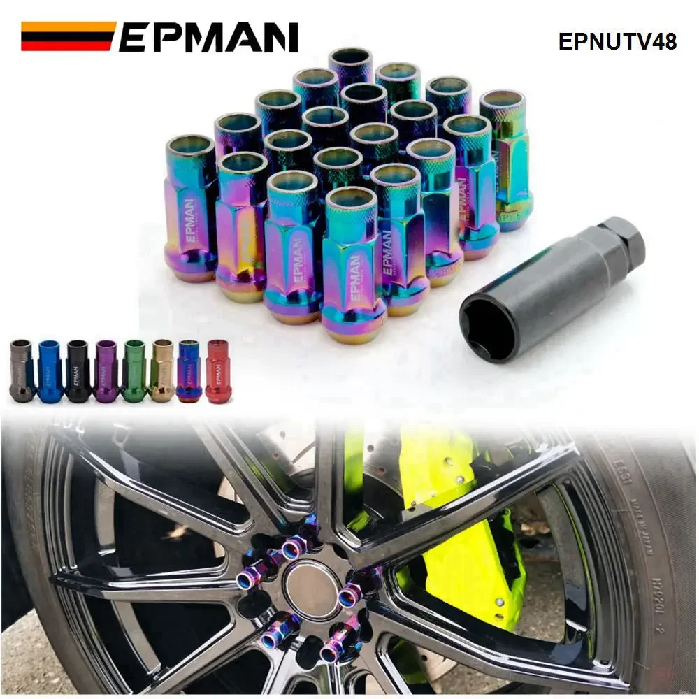 EPMAN MT V48 Auto Steel Acorn Rim Extended Open End Wheel Racing Lug Nuts With One Key M12X1.5 Or M12X1.25 20pcs EPNUTV48