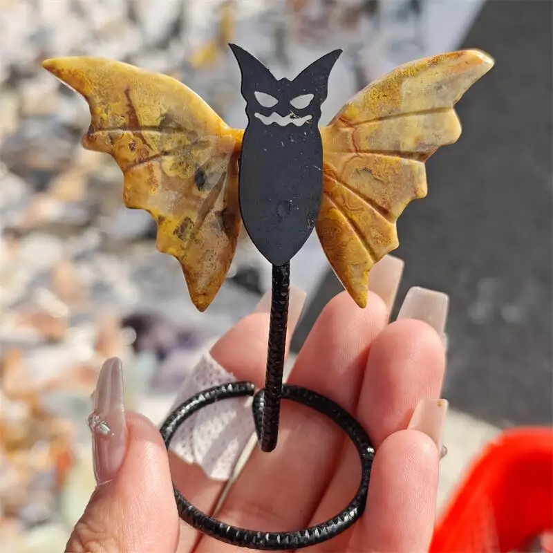 Natural Crazy Agate Bat Wing Carving Crafts Healing Gemstone Stone Gifts Home Ornament Decoration 1pcs