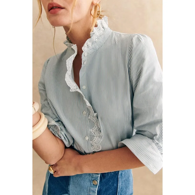 2024 Autumn Women's Button-Up Striped Print Shirt – Long Sleeve Casual Lace Trim Blouse with Stand Collar