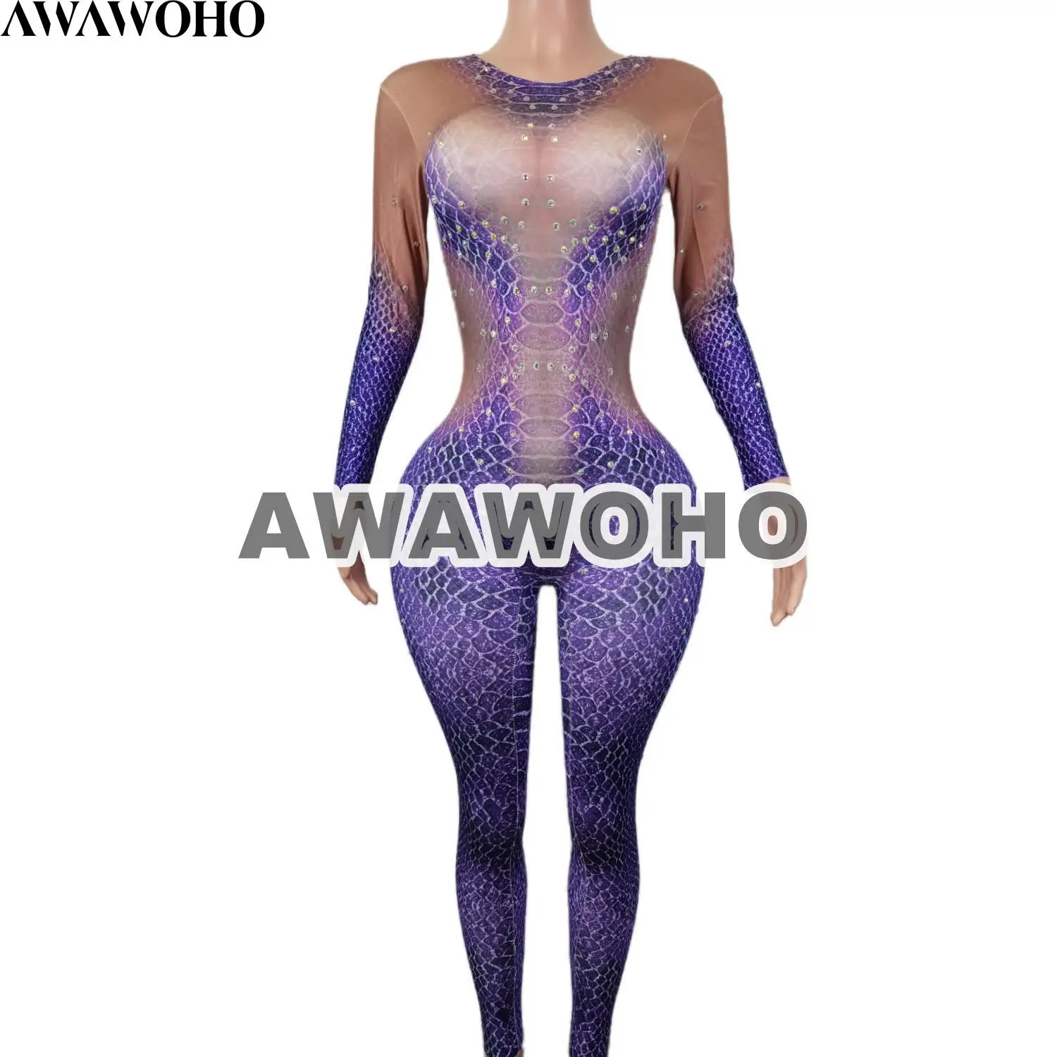 

AWAWOHO Purple Snake Leggings Sexy Jumpsuits for Women Nightclub Clothing Stage Singer Perform Costumes Carnival Wear Zishe