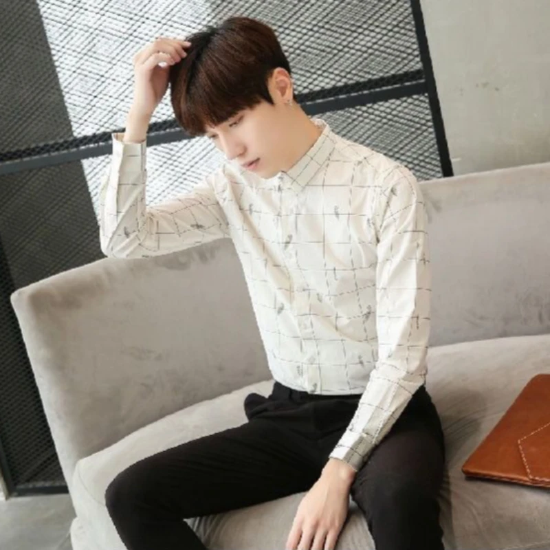 Men's Slim Fit Long Sleeve Shirt Autumn Winter Korean Trendy Youth Plaid Print Versatile Shirt