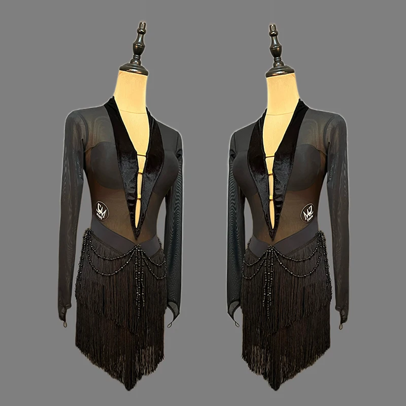 Latin Dance Fringe Dresses Women Black Long Sleeve Dance Dress Adult Latin Competition Clothes Performance Stage Outfit VBH2769