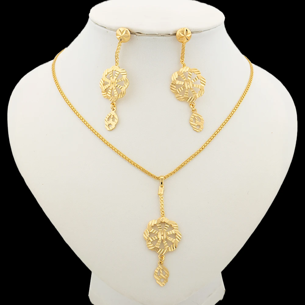 Dubai Gold Color Necklace Jewelry Set for Women Dangle Earrings and Necklace Bridal Weddings Earrings Engagement  Jewellery Gift