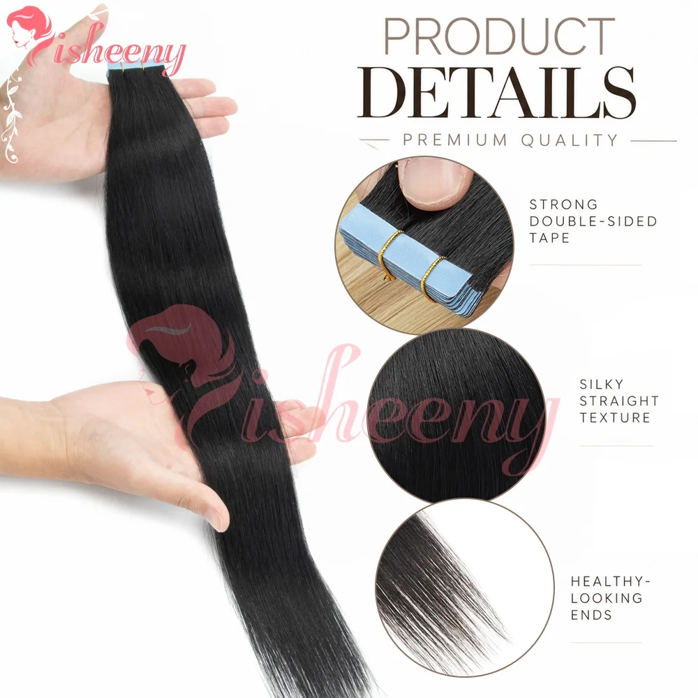 Isheeny Full Lengths  Tape In Human Hair Extensions Dark Color Series Seamless Double Sided Tape Hair Silky Straight No Shedding Soft Natural Look For Ladies