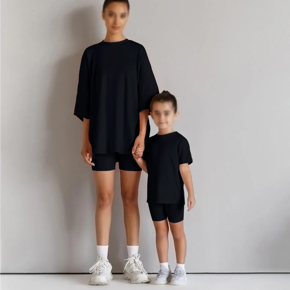 2026 familie Passenden Mutter Tochter Sommer Sets Solide Baumwolle Lounge Anzug Für Outfits Kleidung Jungen Mädchen Sport Leggings – Detail 3
