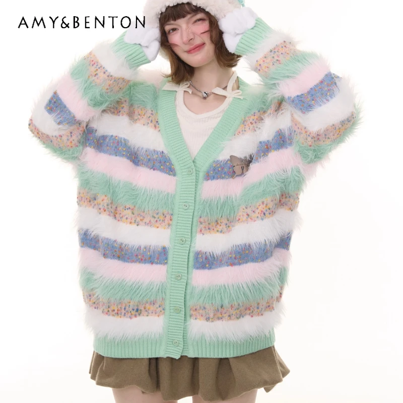 

Autumn Winter Green Color-Block Striped Plush Women's Coat Retro Design Loose Slimming Versatile Sweater Cardigan Jacket Ladies