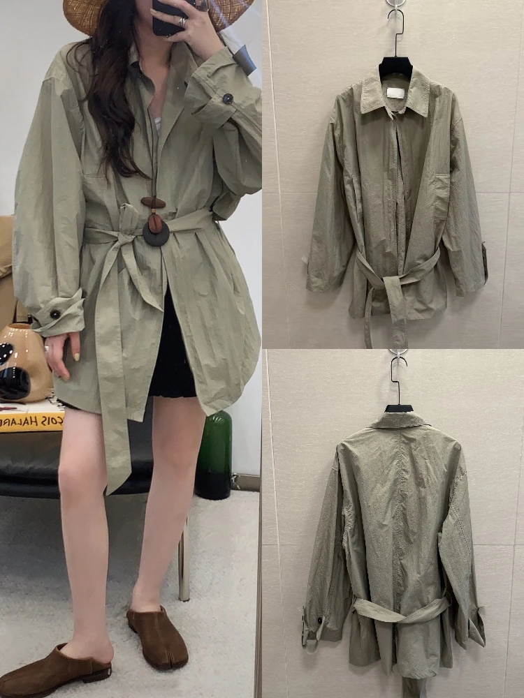 

Thin Outerwear Women's Windbreaker Belted Waist Tie-oulder Long Sve Collar Mid-Length Commute Sle Loose Fit Coat