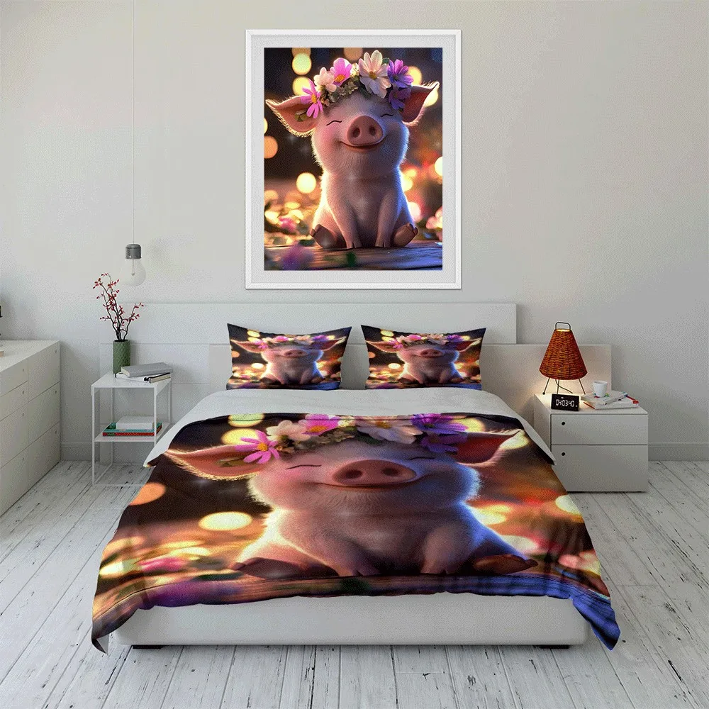 Ensemble de literie exquis trois pièces Flower Crown Piggy Blissful, cadeau pour enfants et adultes