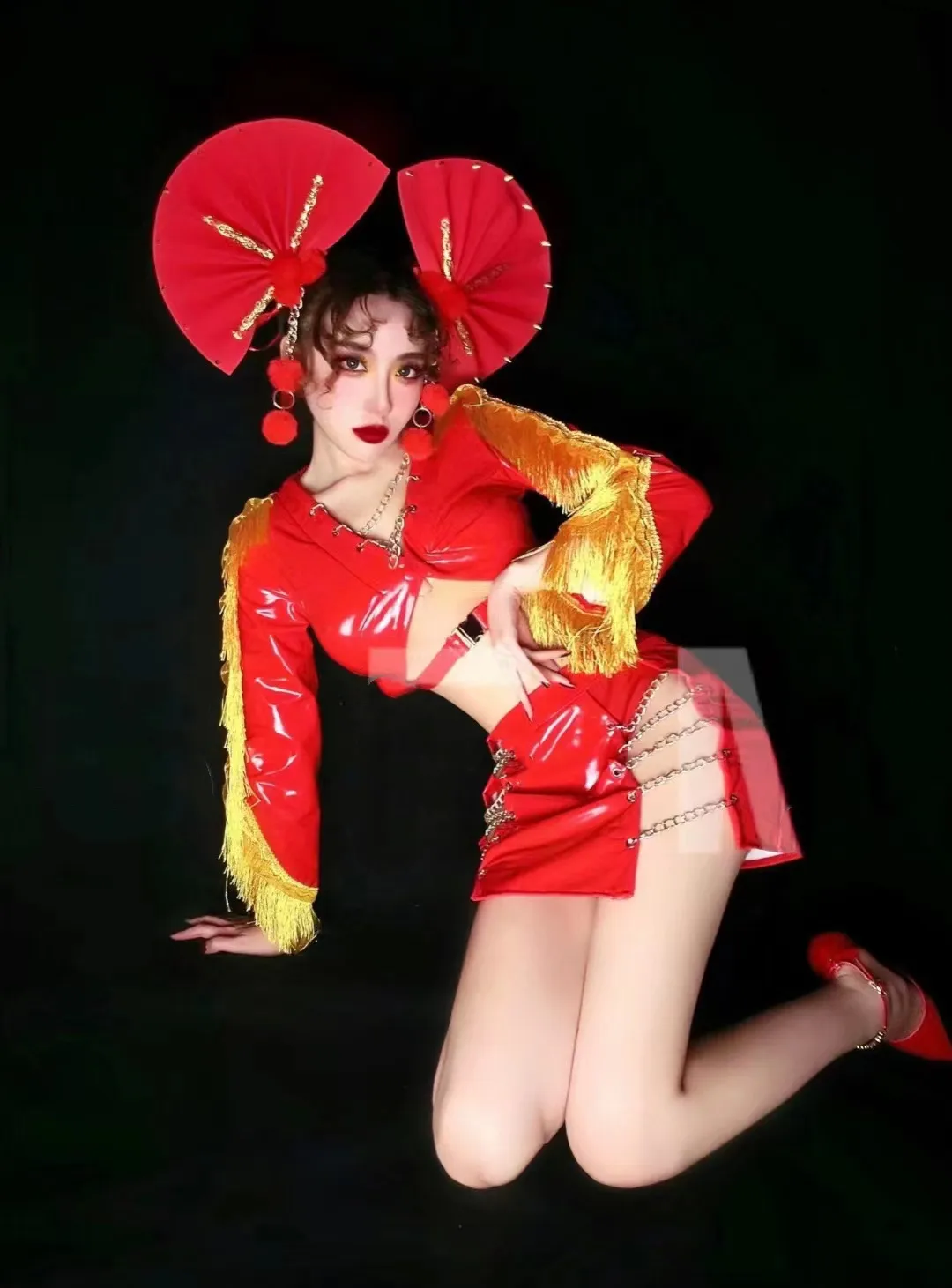 Traje de baile Gogo para fiesta y Bar, DJ, cantante, bailarina, ropa de escenario Sexy, cuero PU rojo, borla dorada, trajes Rave, ropa de actuación