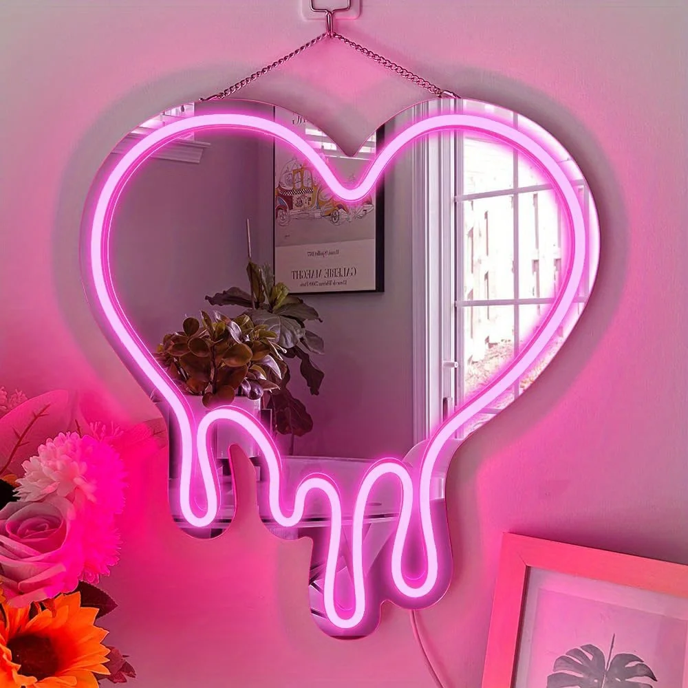 Dripping Heart Neon Sign LED Mirror Wall Art Aesthetic Decor for Bedroom Girls Room Valentine's Day Gift Modern Acrylic Light