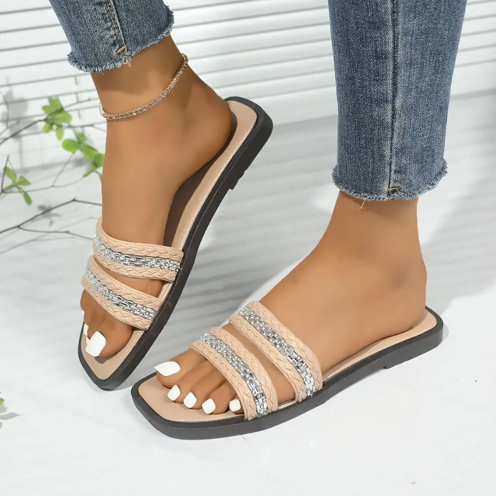 Luxury Crystal Flat Slippers Soft Sole Anti-slip Slides Sandal Color Blocking Beach Shoes Square Toe Slippers Women Summer